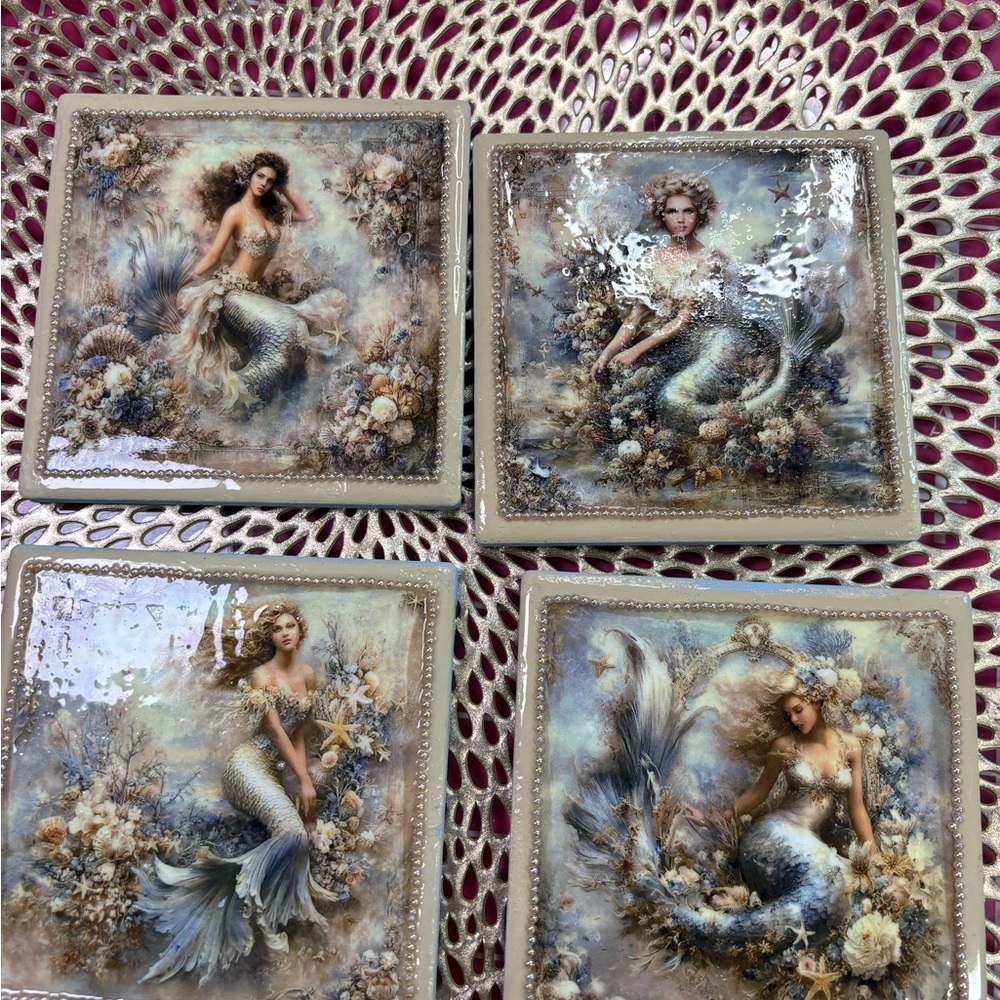 Set of 4 Mermaid Decorative Ceramic Coasters - Soft Blue & Cream
